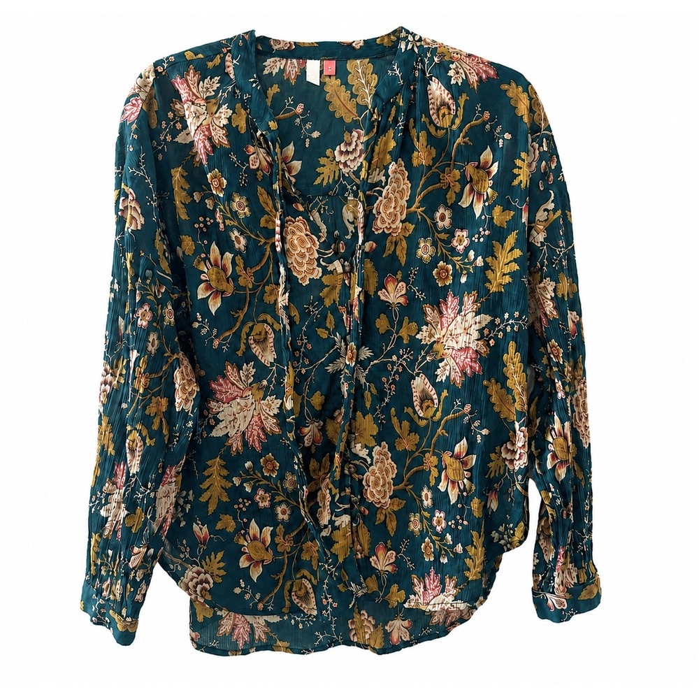 Anthropologie Pilcro Blouse Women Medium Green Floral Tavi Tie Neck